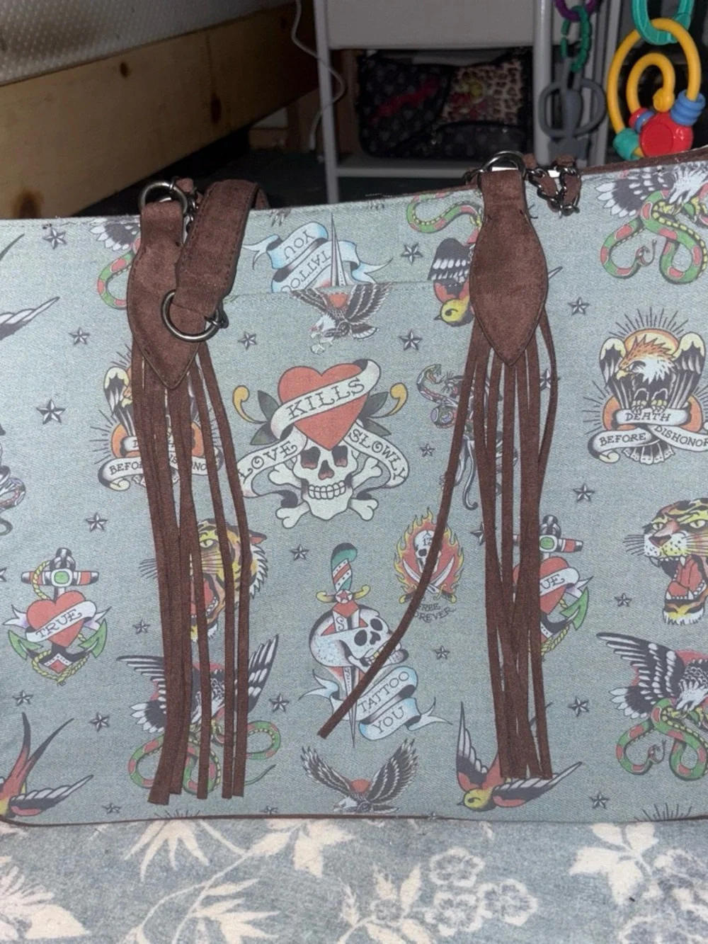Ed Hardy Blue Printed Canvas Tote with Brown Suede Fringe